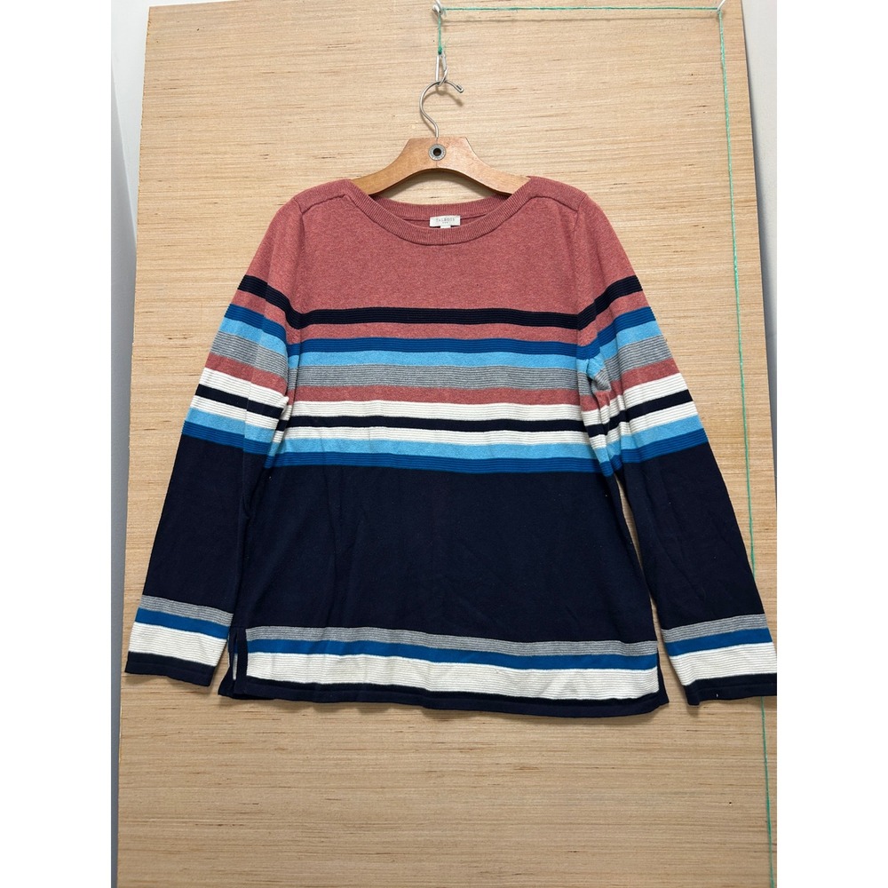 Talbots Womens Medium Striped Crewneck Sweater Long Sleeve Blue Coral Navy Knit
